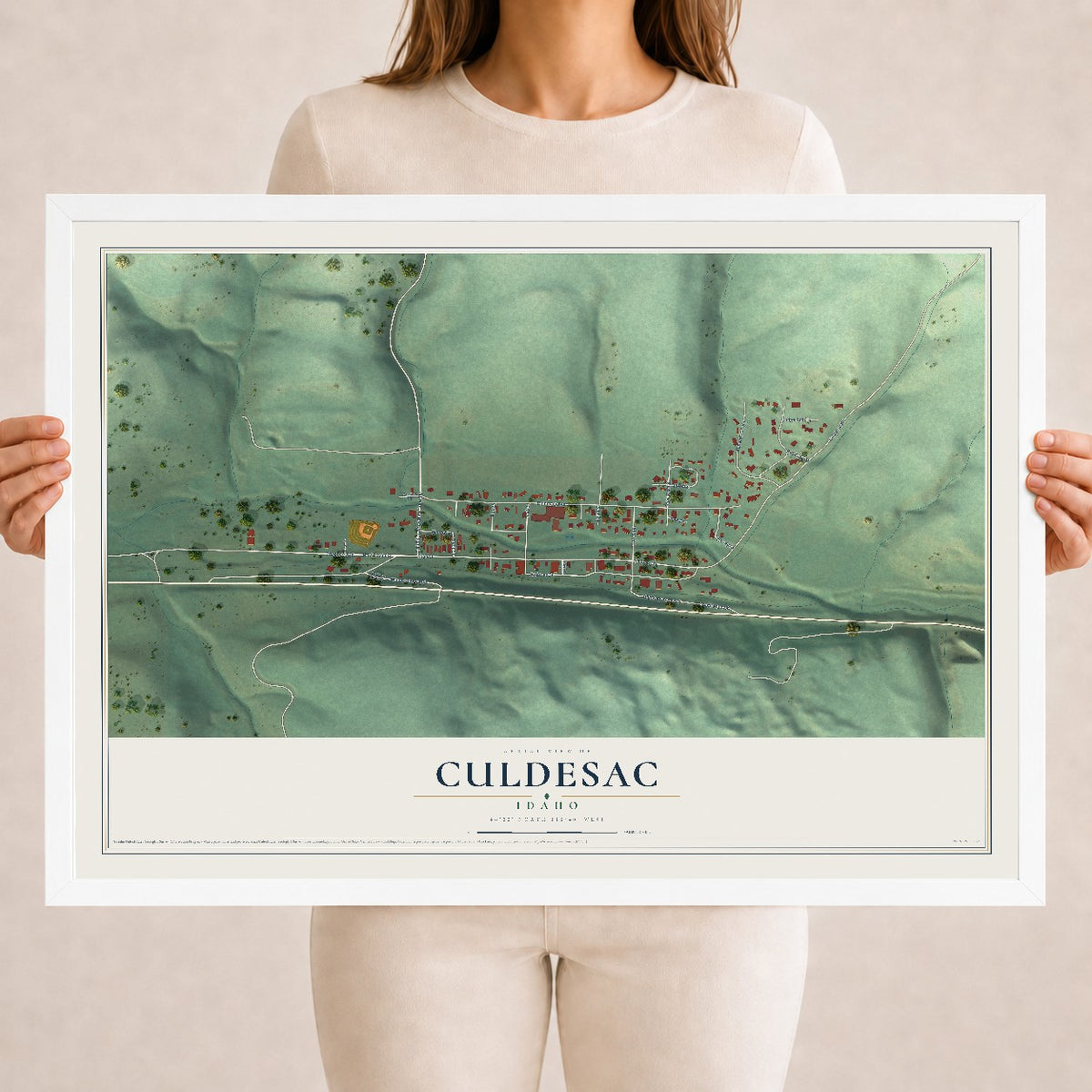Map of Culdesac, Idaho, 18 x 24 inch print in a white wood frame