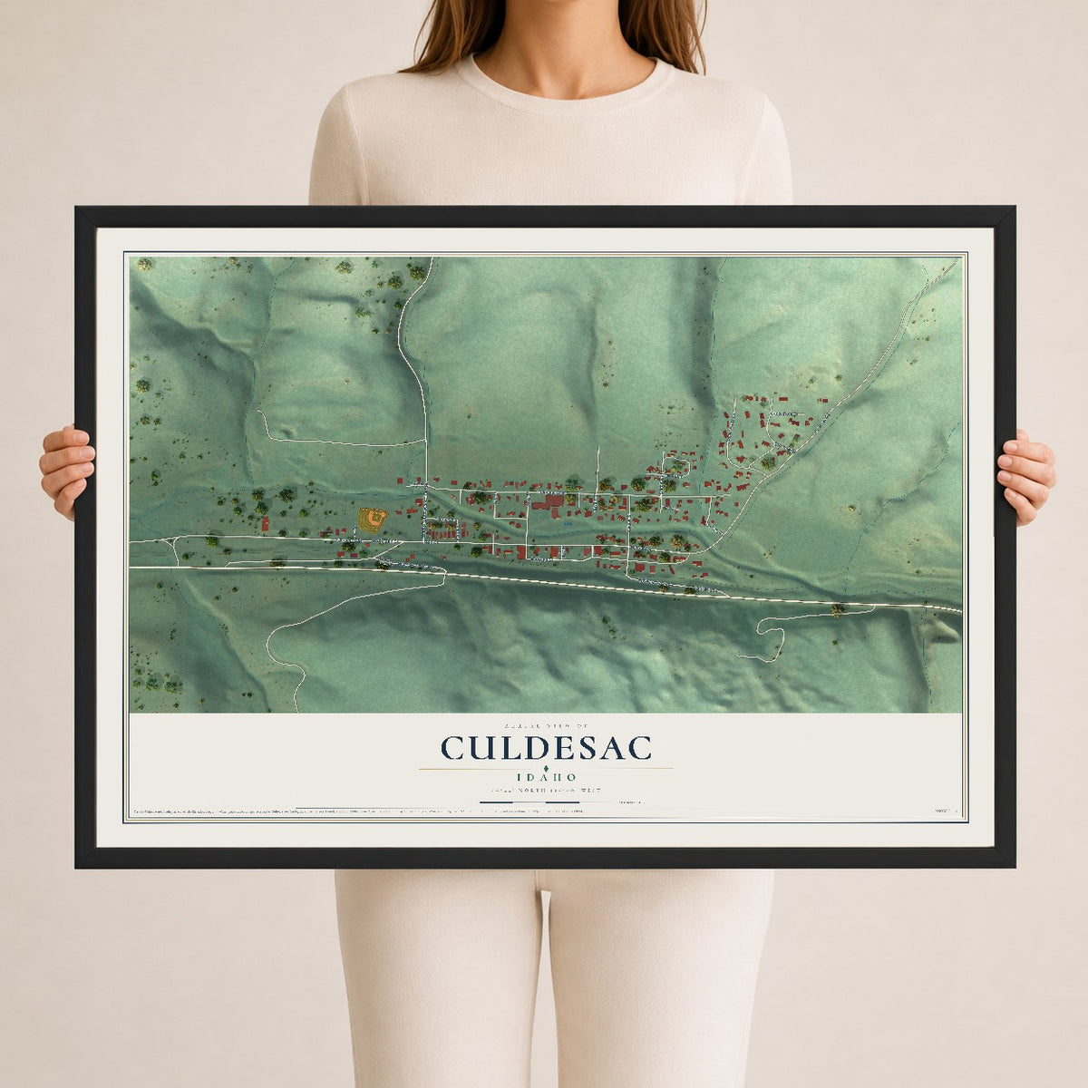 Map of Culdesac, Idaho, 24 x 36 inch print in a black wood frame