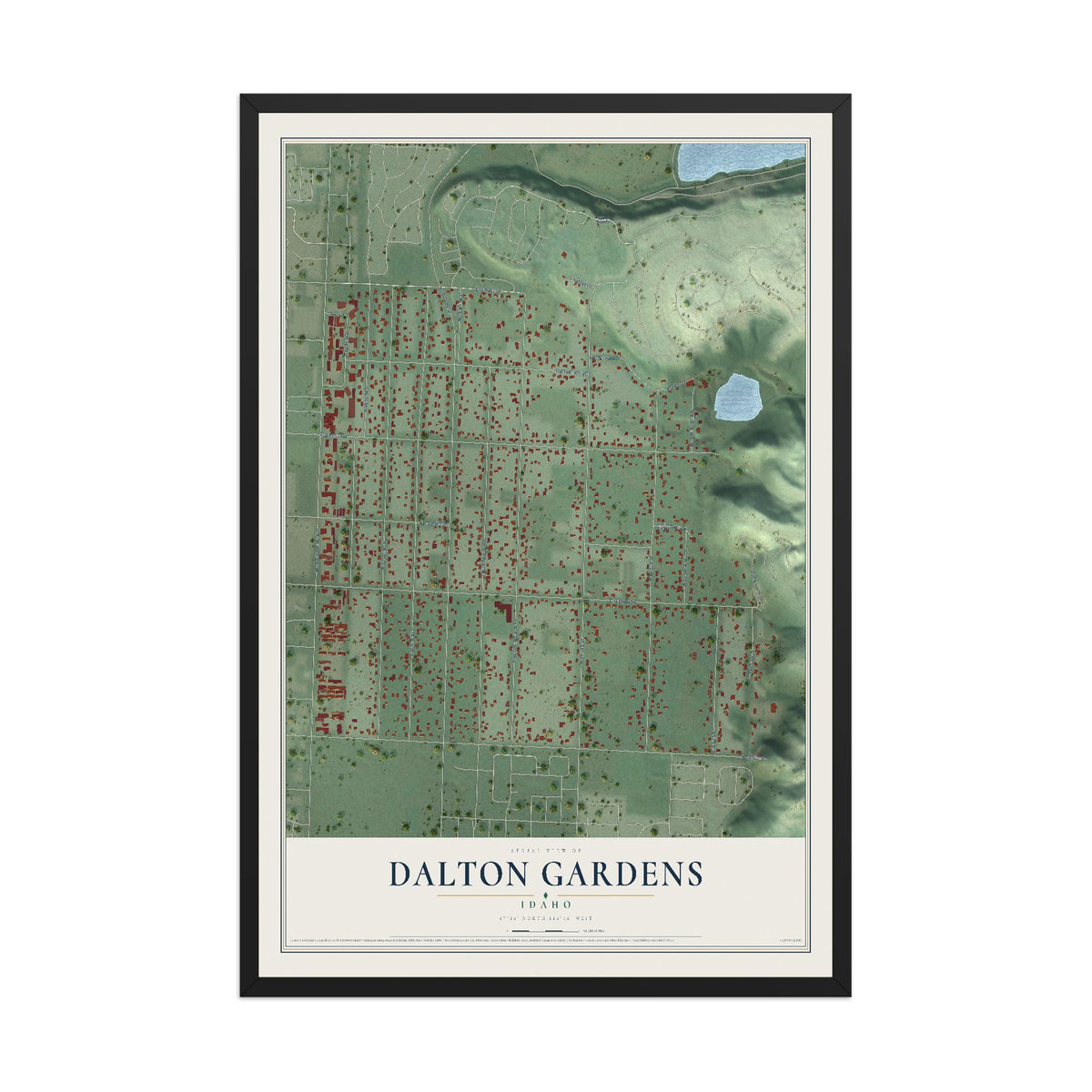 Map of Dalton Gardens, Idaho, 12 x 18 inch print in a black wood frame