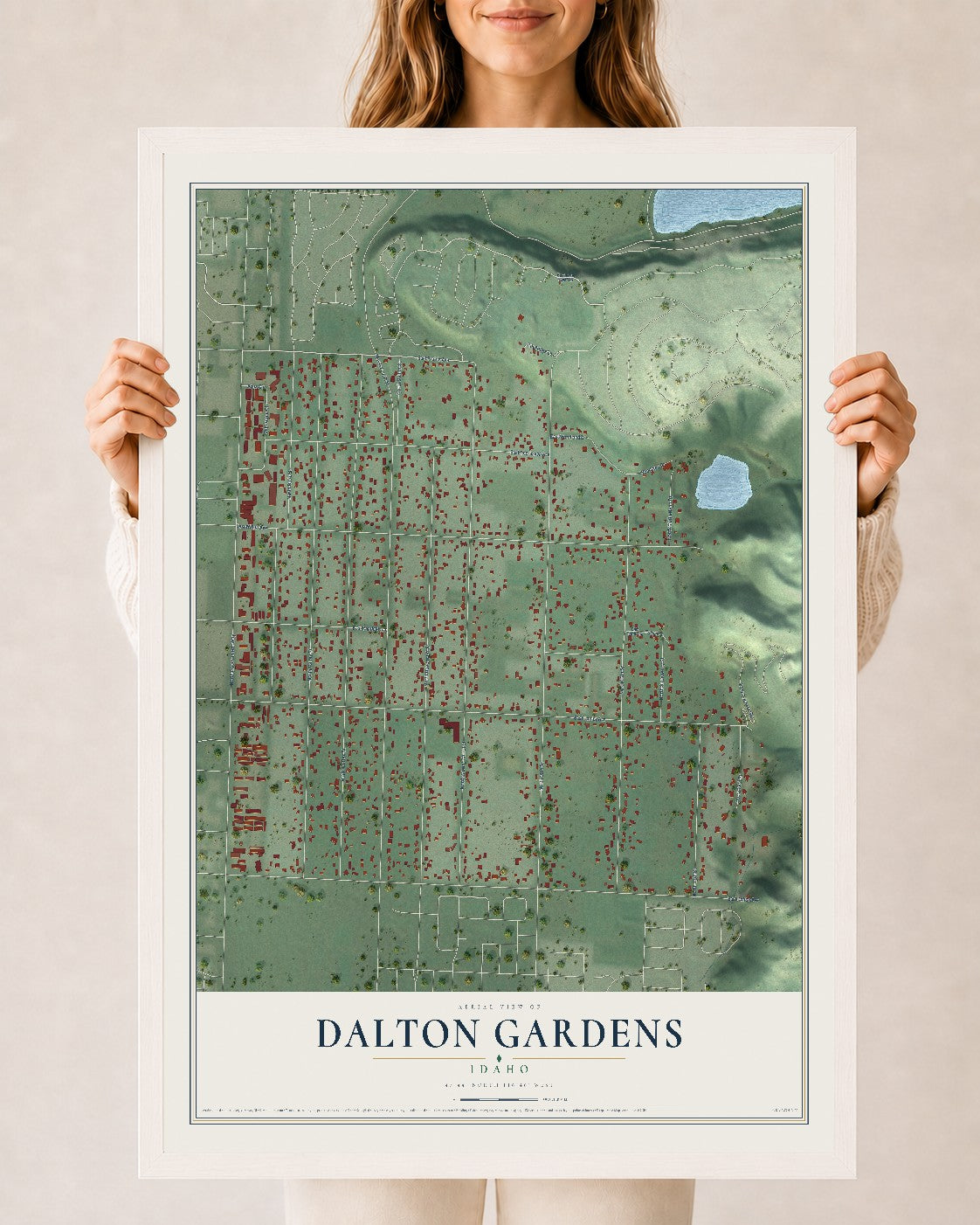 Map of Dalton Gardens, Idaho, 24 x 36 inch print in a white wood frame