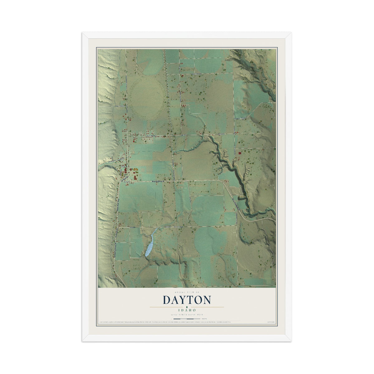 Map of Dayton, Idaho, 12 x 18 inch print in a white wood frame