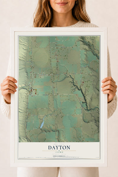 Map of Dayton, Idaho, 18 x 24 inch print in a white wood frame