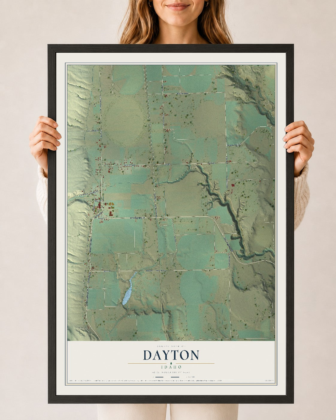 Map of Dayton, Idaho, 24 x 36 inch print in a black wood frame