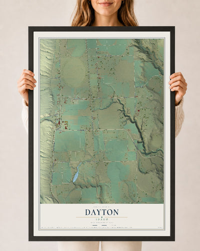 Map of Dayton, Idaho, 24 x 36 inch print in a black wood frame