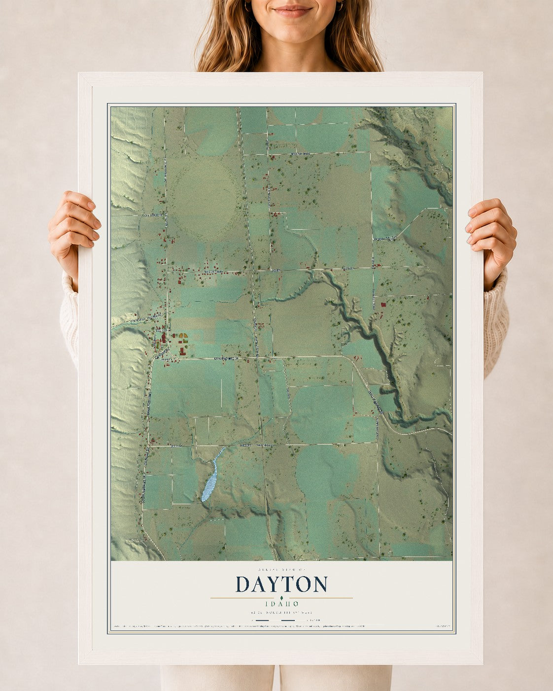Map of Dayton, Idaho, 24 x 36 inch print in a white wood frame