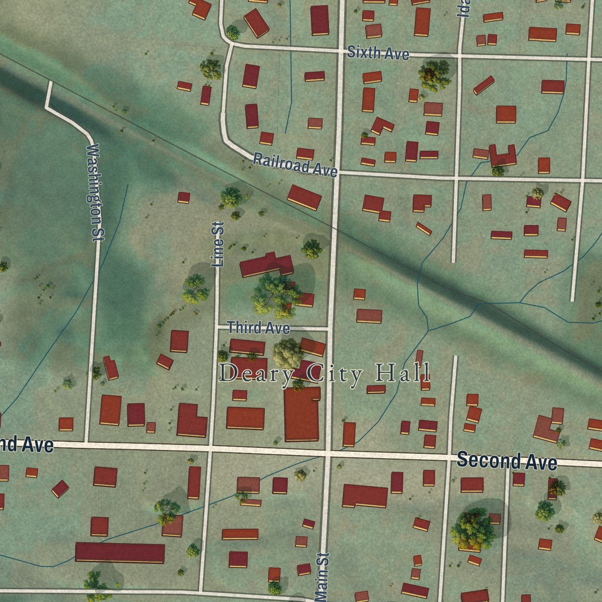 Close-up of the map of Deary, Idaho print showing street and building detail