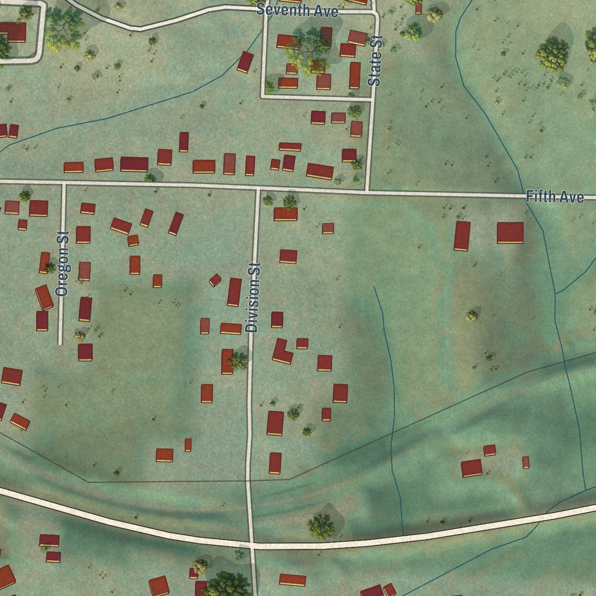 Second close-up of the map of Deary, Idaho print showing more streets and buildings