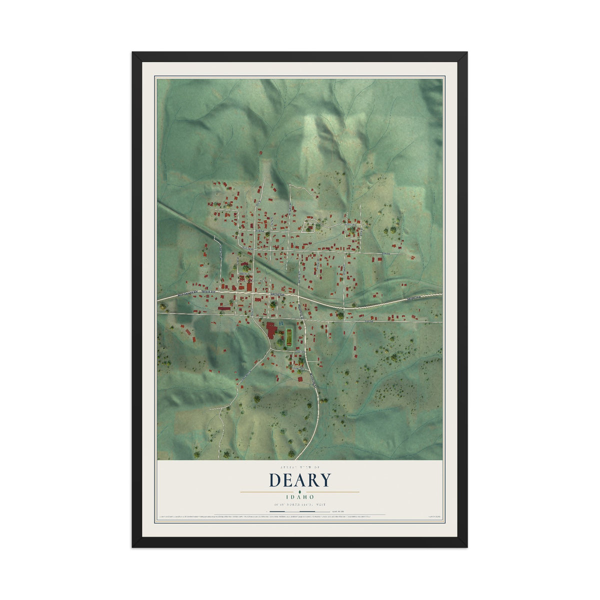 Map of Deary, Idaho, 12 x 18 inch print in a black wood frame