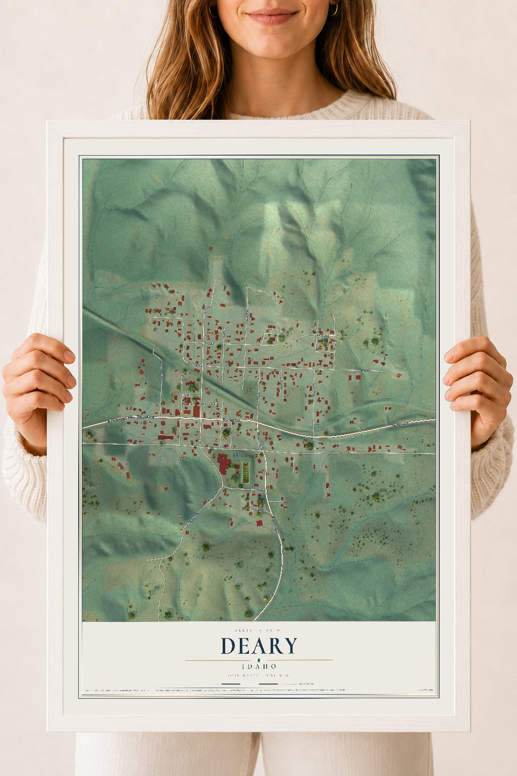Map of Deary, Idaho, 18 x 24 inch print in a white wood frame