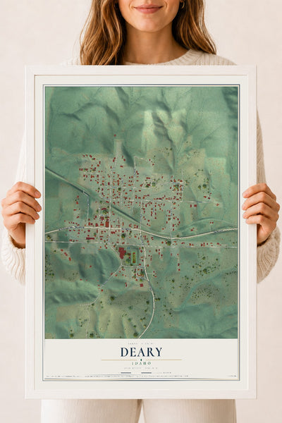 Map of Deary, Idaho, 18 x 24 inch print in a white wood frame