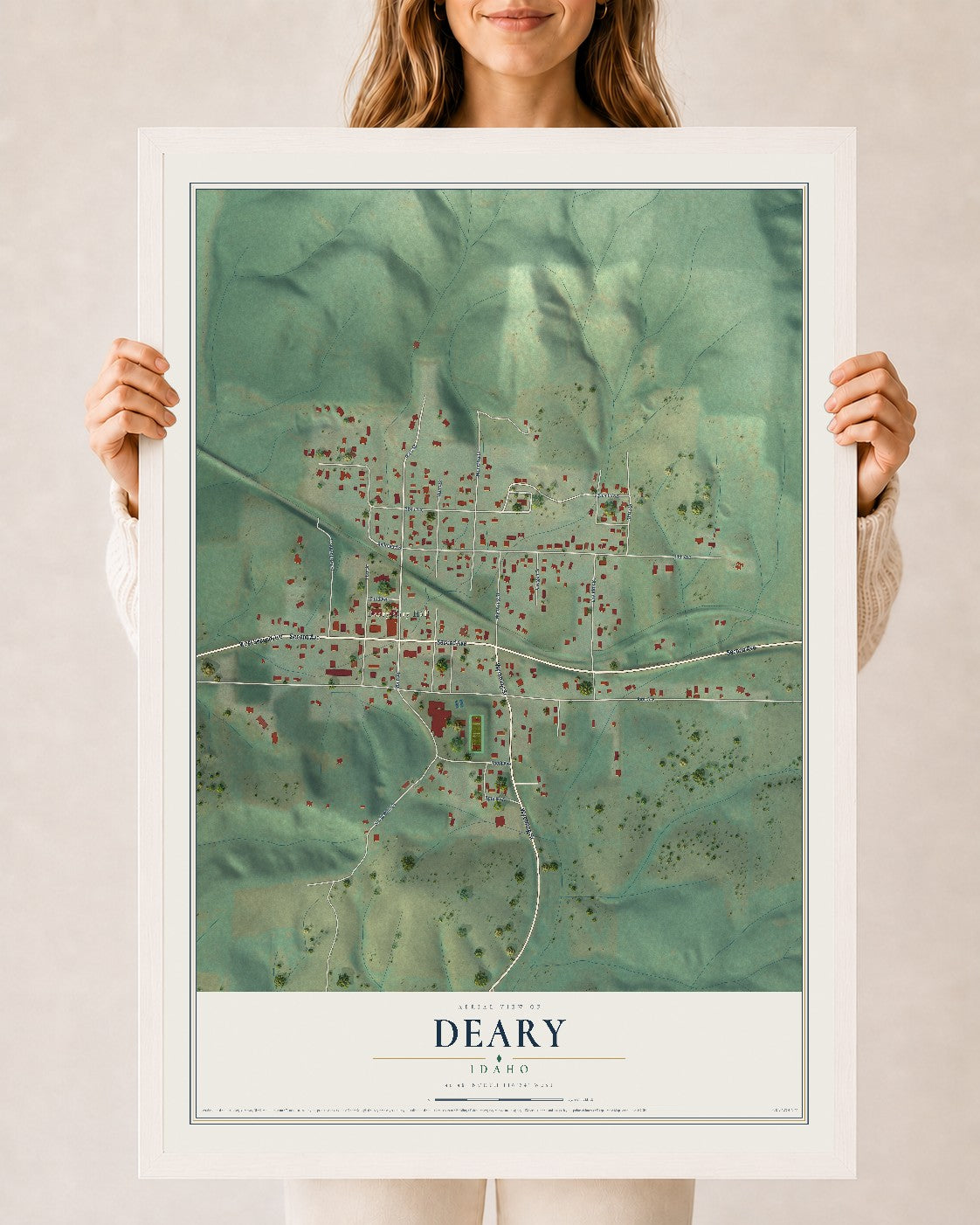 Map of Deary, Idaho, 24 x 36 inch print in a white wood frame