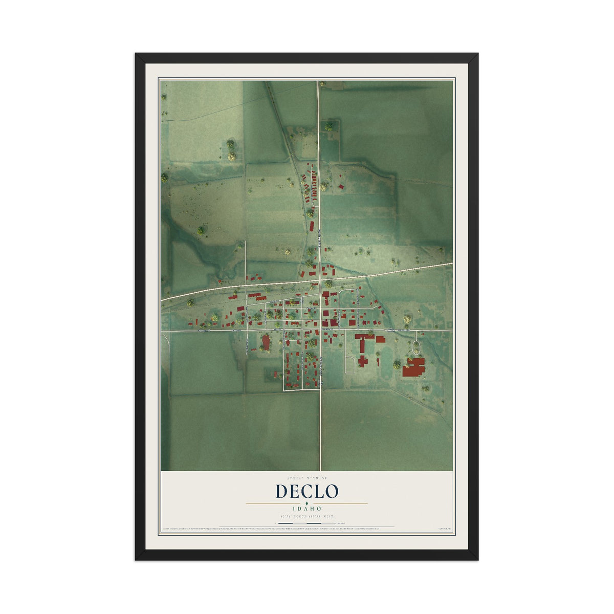 Map of Declo, Idaho, 12 x 18 inch print in a black wood frame