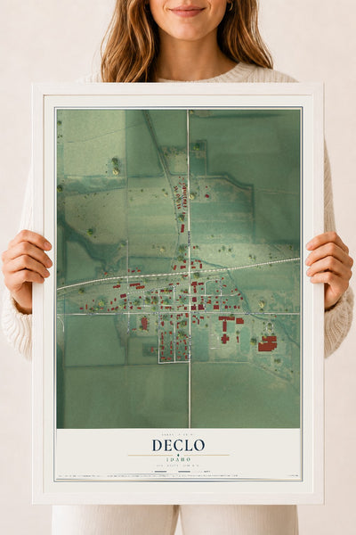 Map of Declo, Idaho, 18 x 24 inch print in a white wood frame