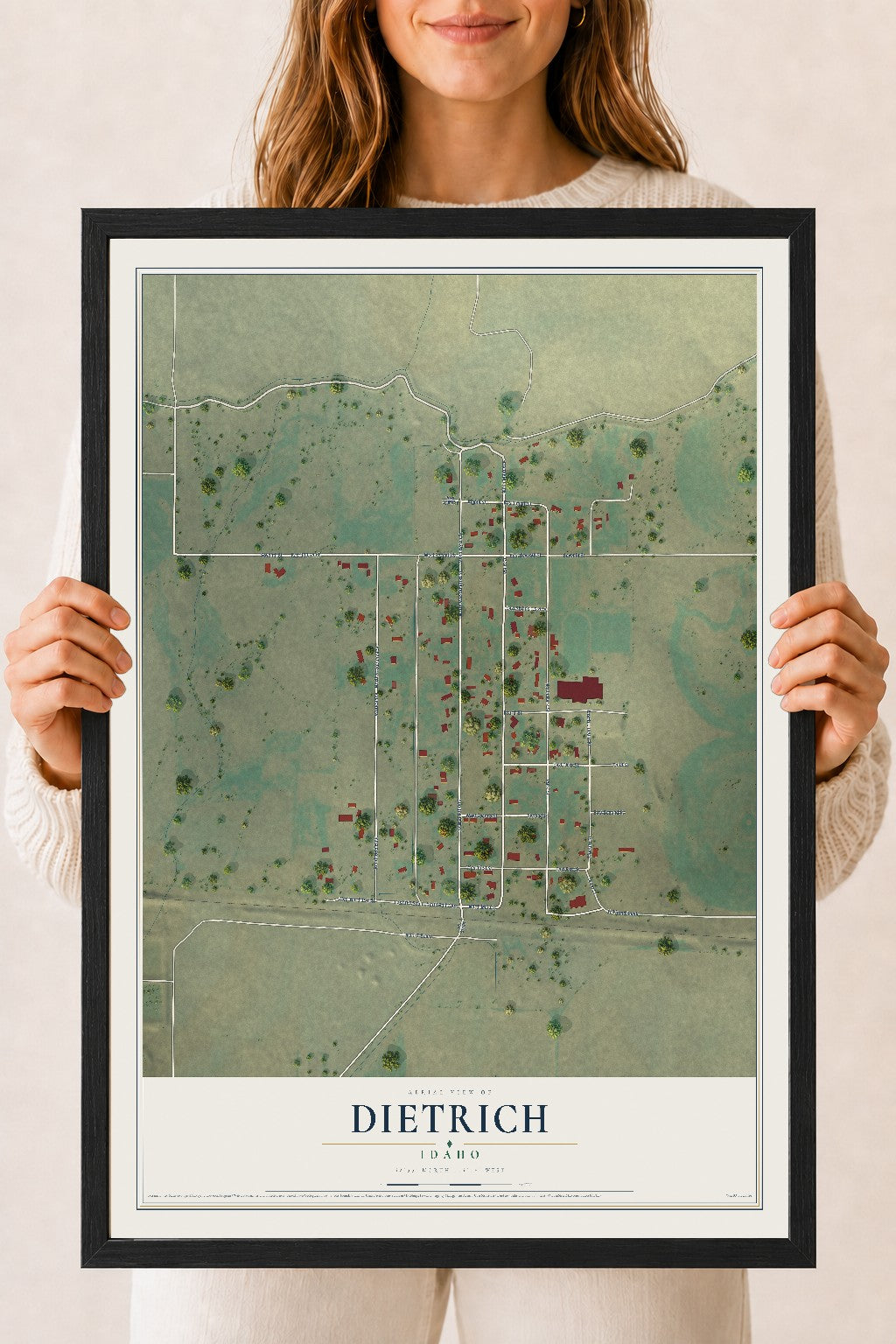 Map of Dietrich, Idaho, 18 x 24 inch print in a black wood frame