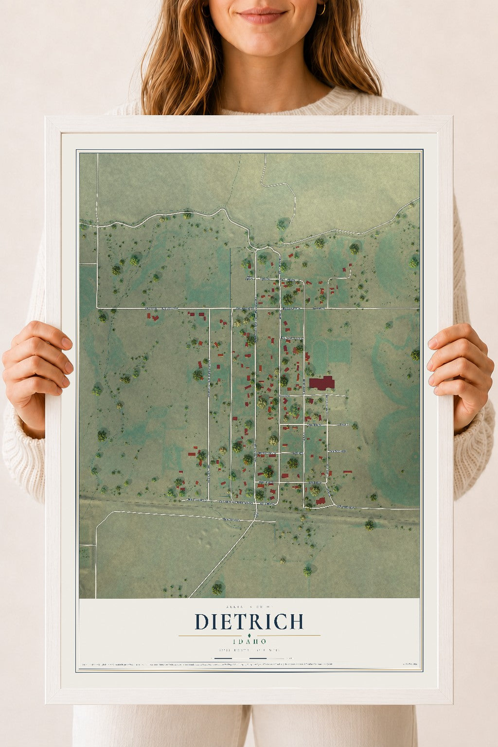Map of Dietrich, Idaho, 18 x 24 inch print in a white wood frame