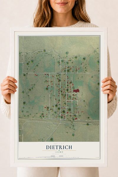 Map of Dietrich, Idaho, 18 x 24 inch print in a white wood frame