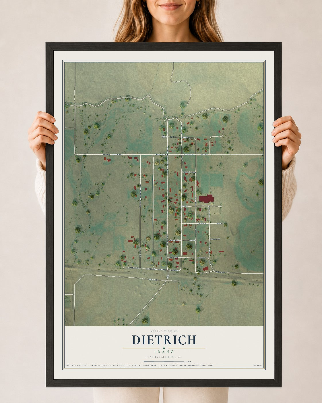 Map of Dietrich, Idaho, 24 x 36 inch print in a black wood frame