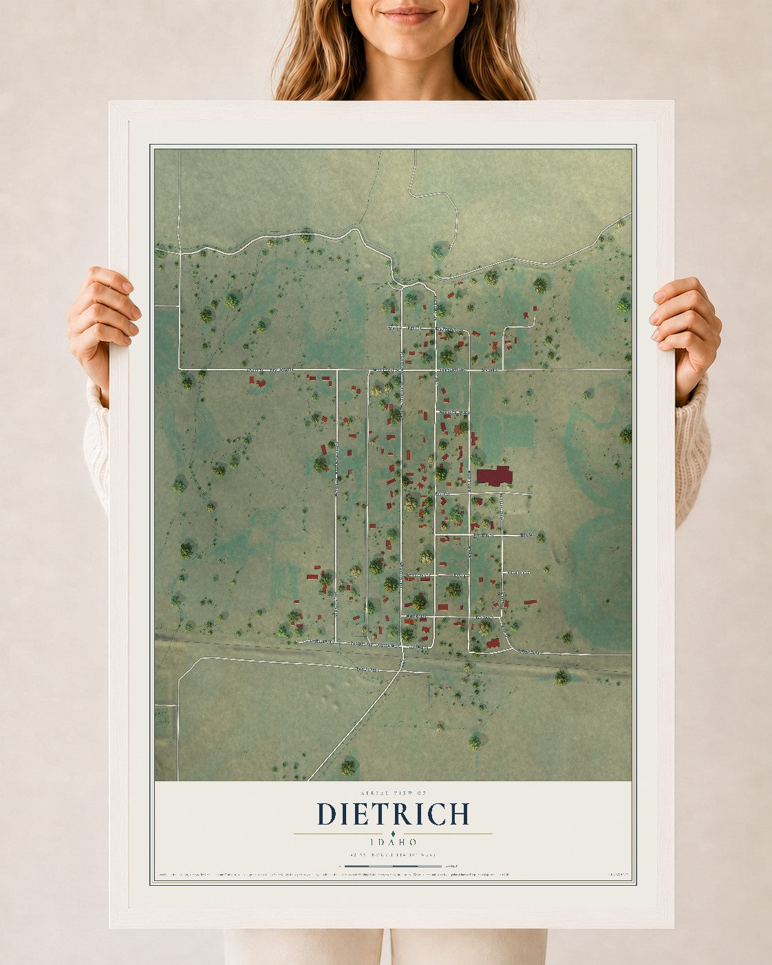 Map of Dietrich, Idaho, 24 x 36 inch print in a white wood frame