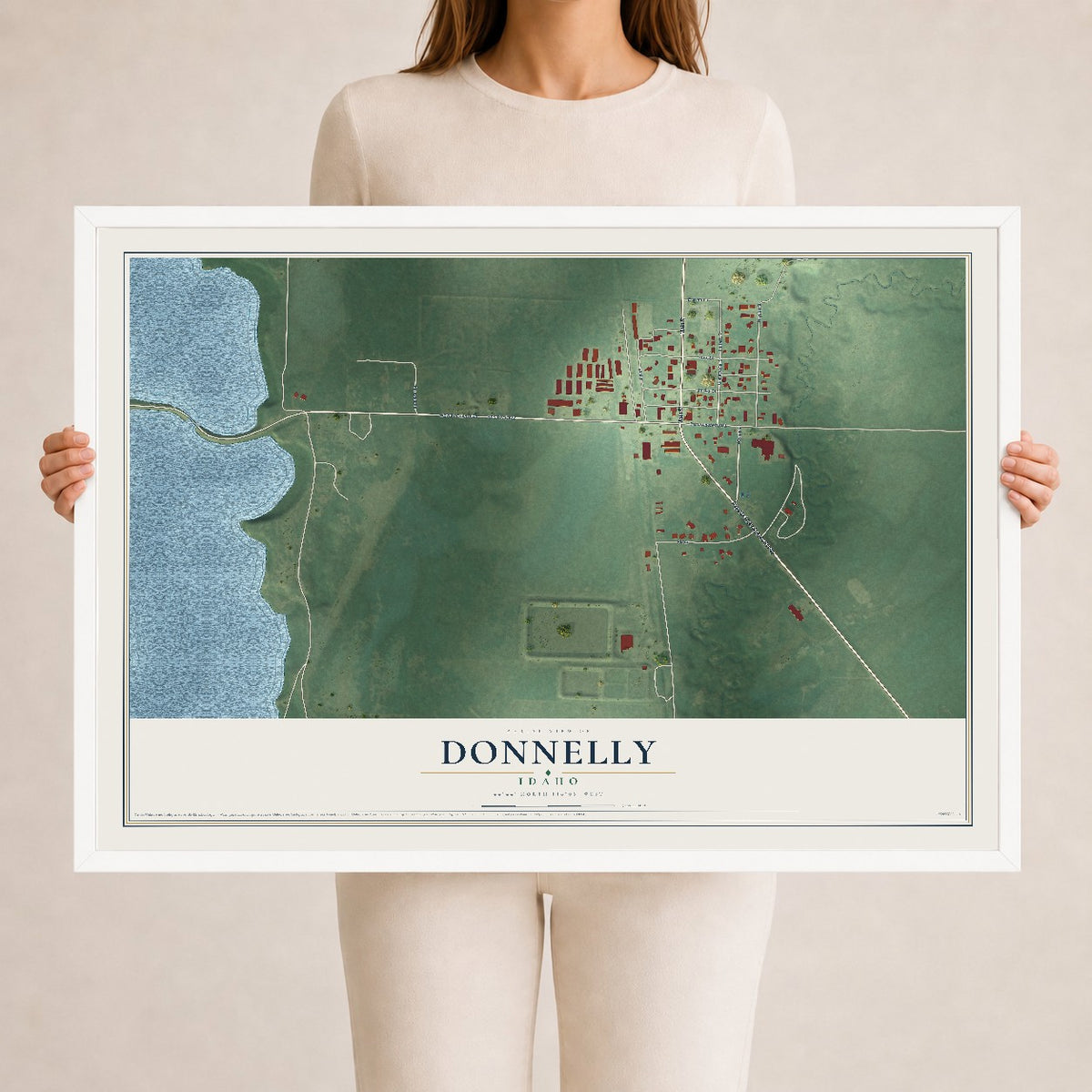 Map of Donnelly, Idaho, 24 x 36 inch print in a white wood frame