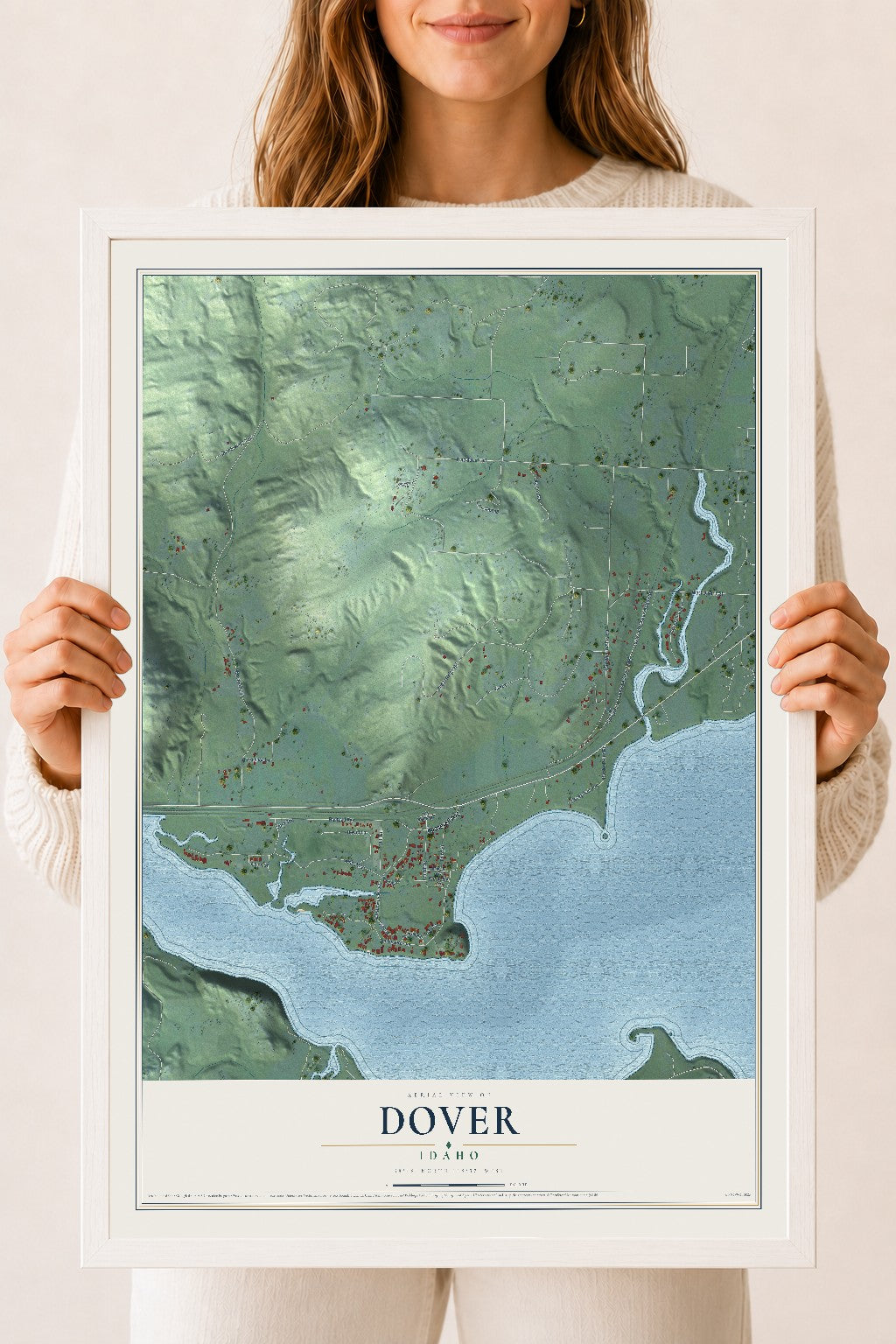 Map of Dover, Idaho, 18 x 24 inch print in a white wood frame