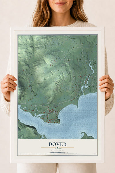 Map of Dover, Idaho, 18 x 24 inch print in a white wood frame