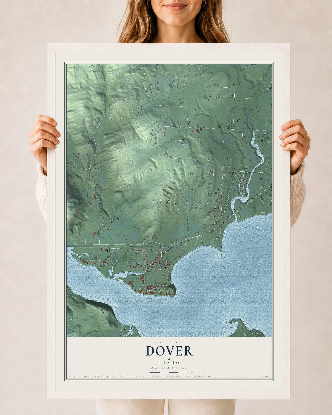 Map of Dover, Idaho, 24 x 36 inch print in a white wood frame