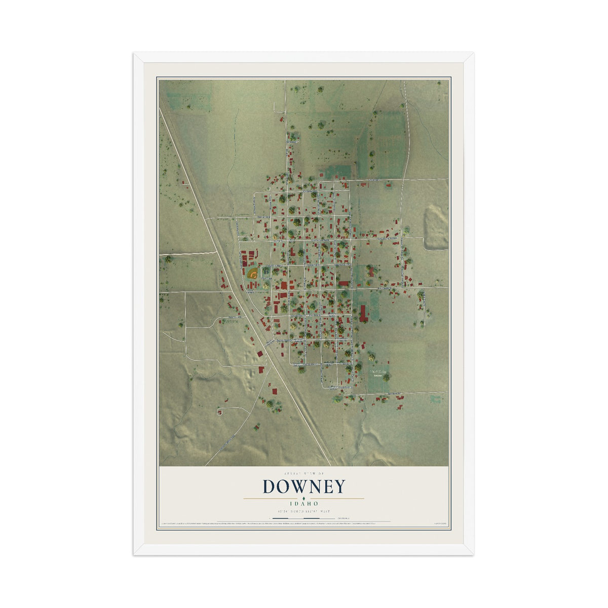 Map of Downey, Idaho, 12 x 18 inch print in a white wood frame