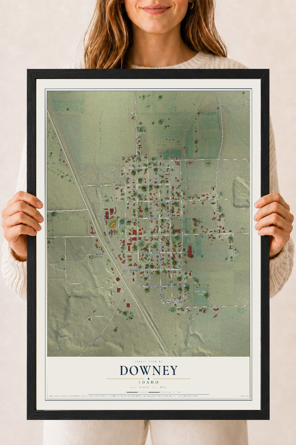 Map of Downey, Idaho, 18 x 24 inch print in a black wood frame