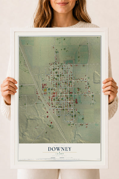 Map of Downey, Idaho, 18 x 24 inch print in a white wood frame
