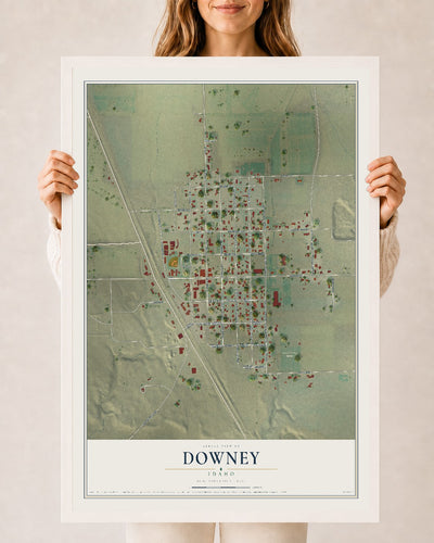 Map of Downey, Idaho, 24 x 36 inch print in a white wood frame