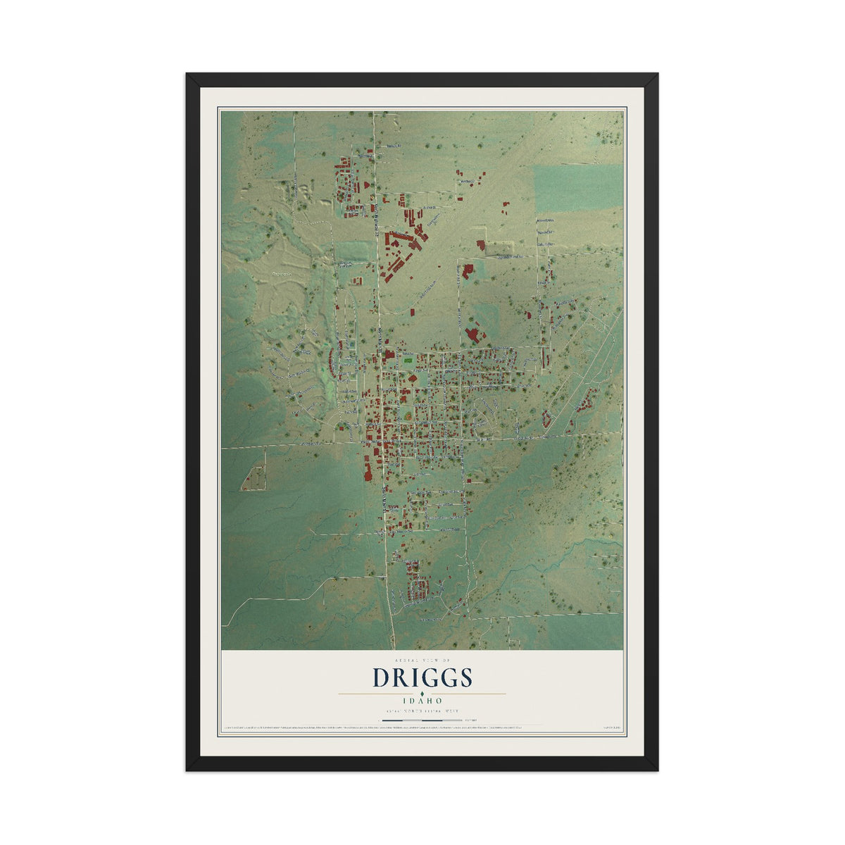 Map of Driggs, Idaho, 12 x 18 inch print in a black wood frame