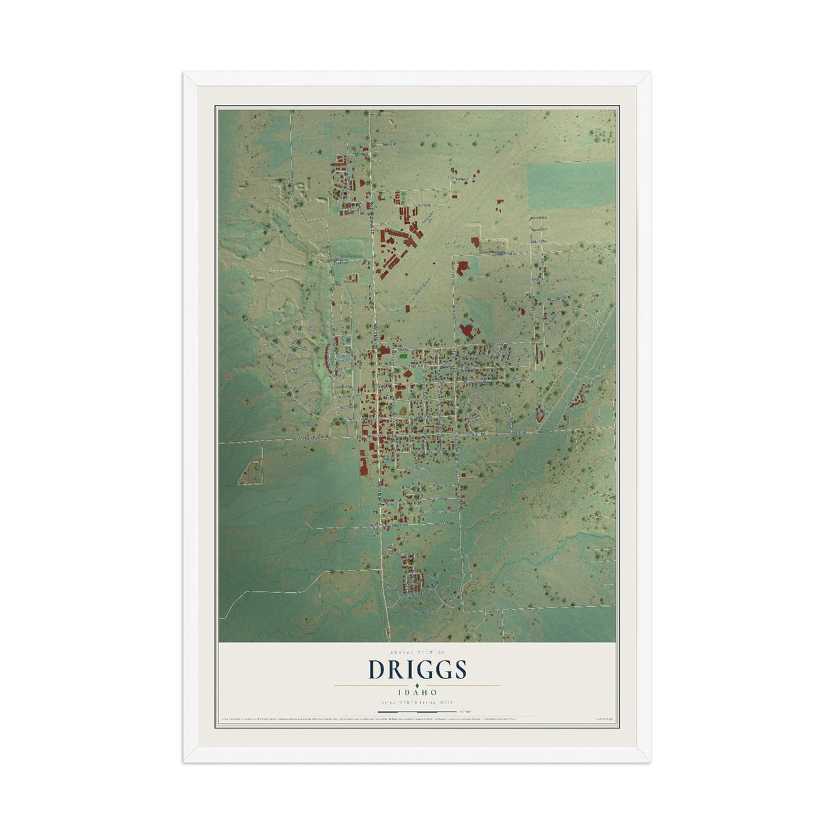 Map of Driggs, Idaho, 12 x 18 inch print in a white wood frame