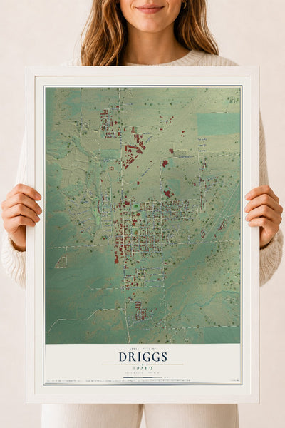 Map of Driggs, Idaho, 18 x 24 inch print in a white wood frame