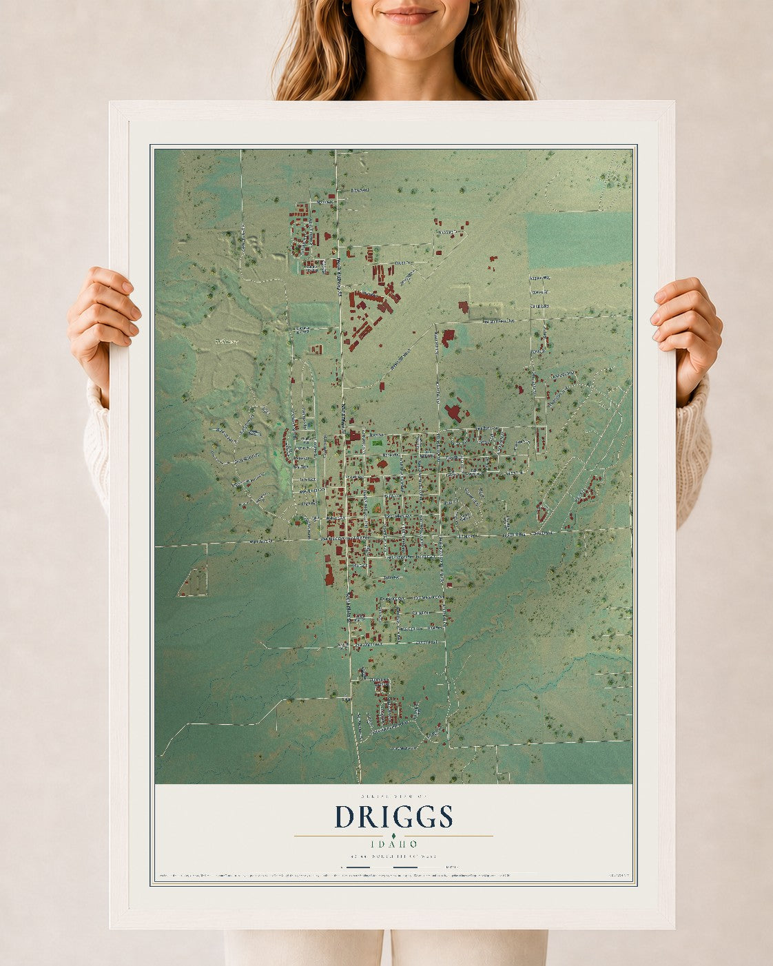 Map of Driggs, Idaho, 24 x 36 inch print in a white wood frame