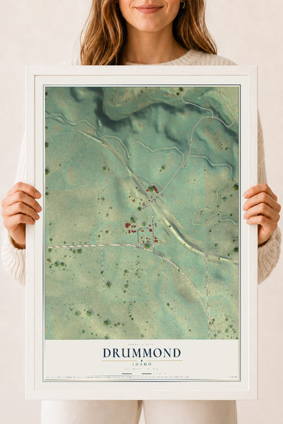 Map of Drummond, Idaho, 18 x 24 inch print in a white wood frame