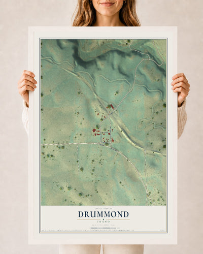 Map of Drummond, Idaho, 24 x 36 inch print in a white wood frame