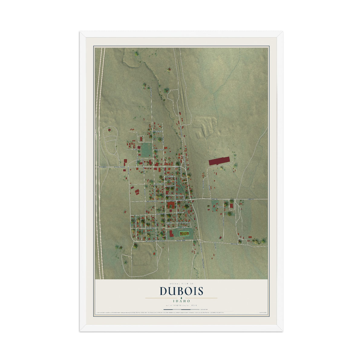 Map of Dubois, Idaho, 12 x 18 inch print in a white wood frame