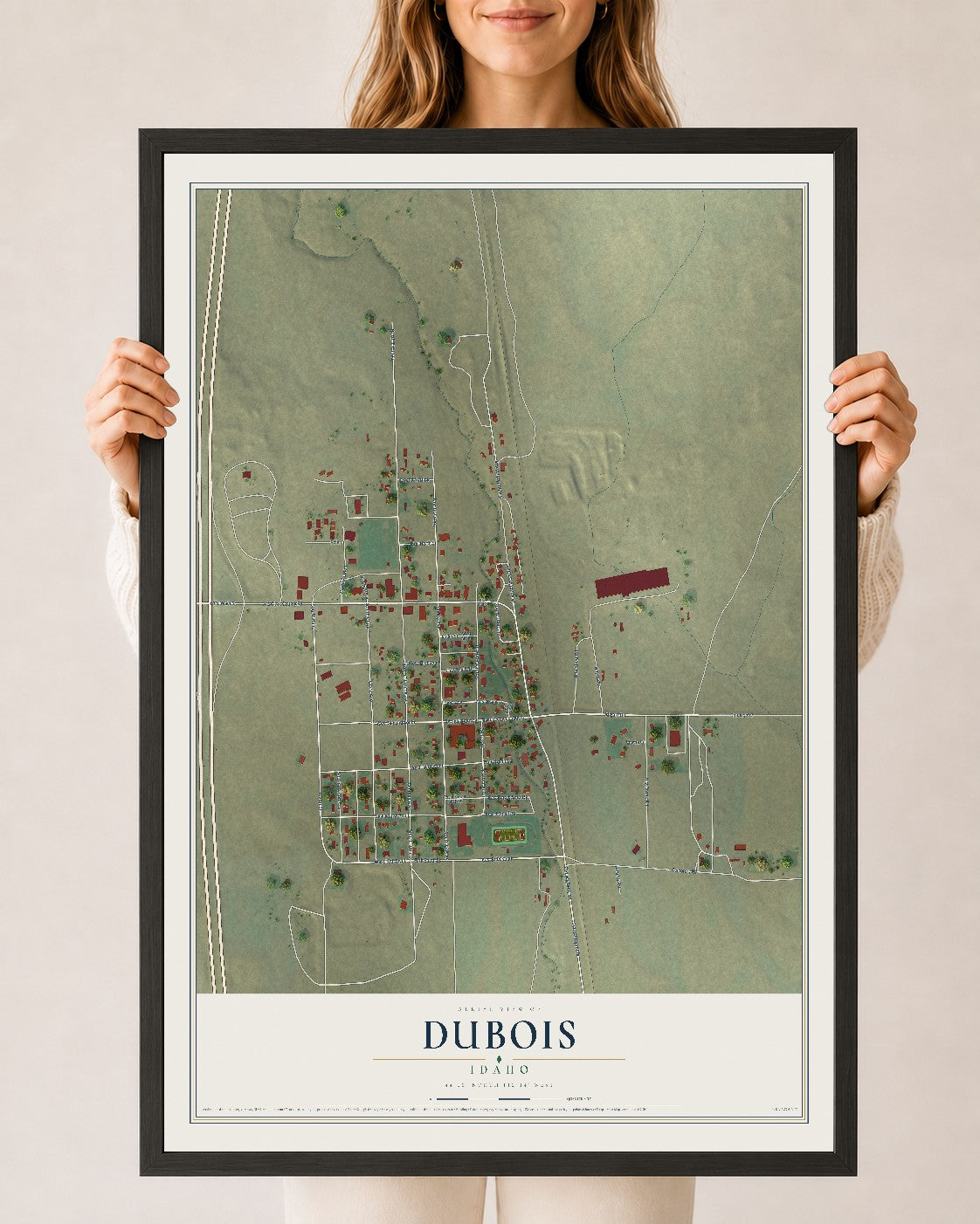 Map of Dubois, Idaho, 24 x 36 inch print in a black wood frame