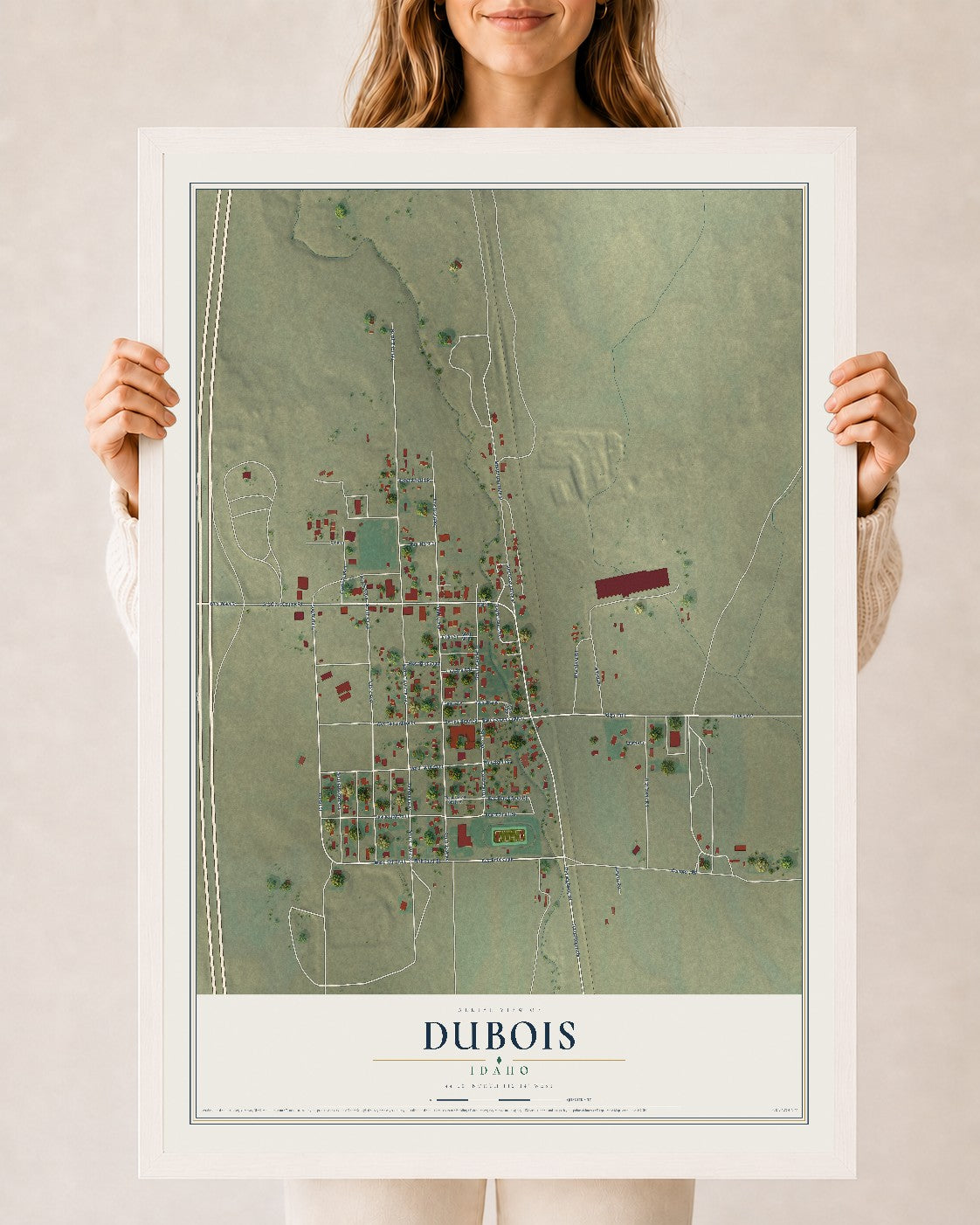 Map of Dubois, Idaho, 24 x 36 inch print in a white wood frame