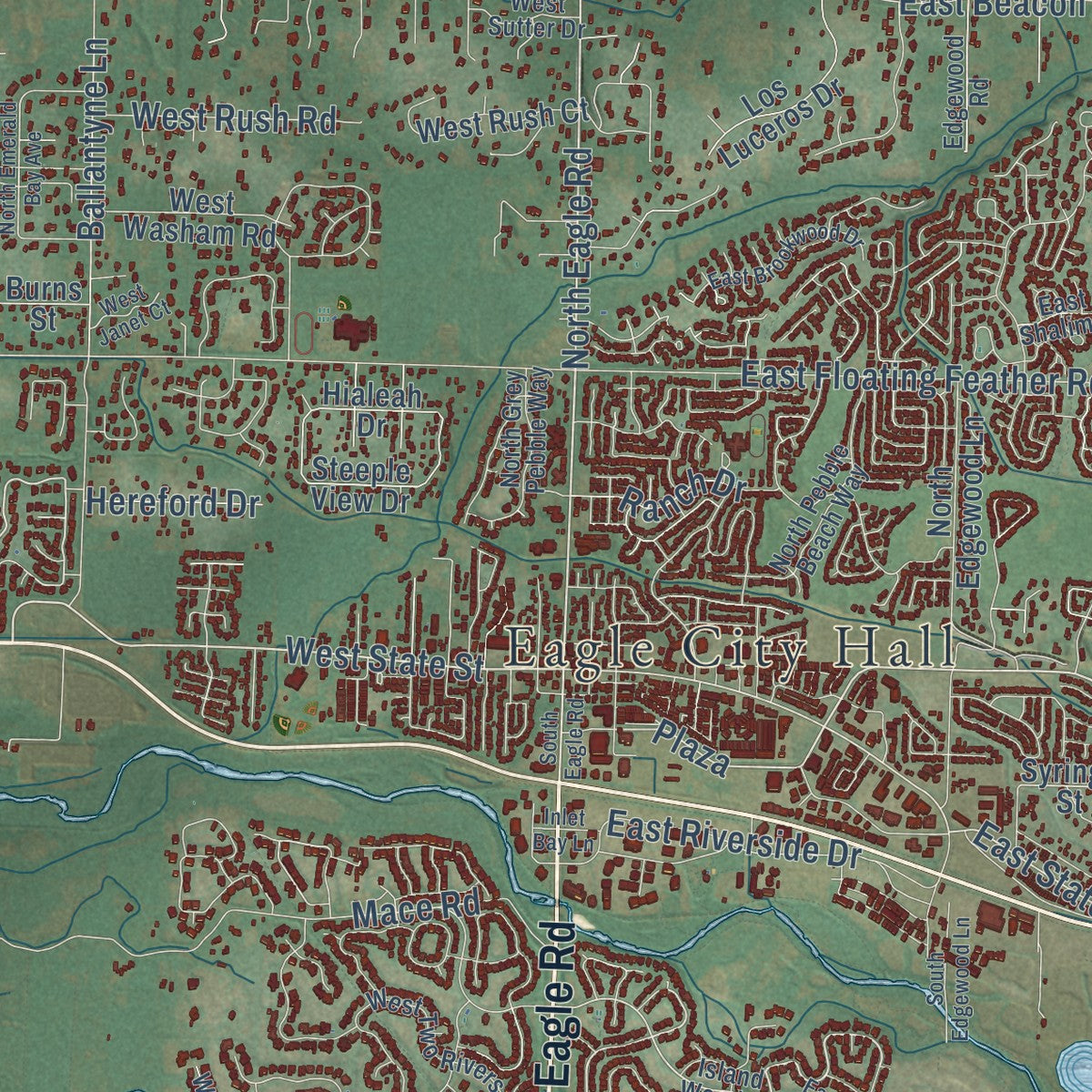 Close-up of the map of Eagle, Idaho print showing street and building detail