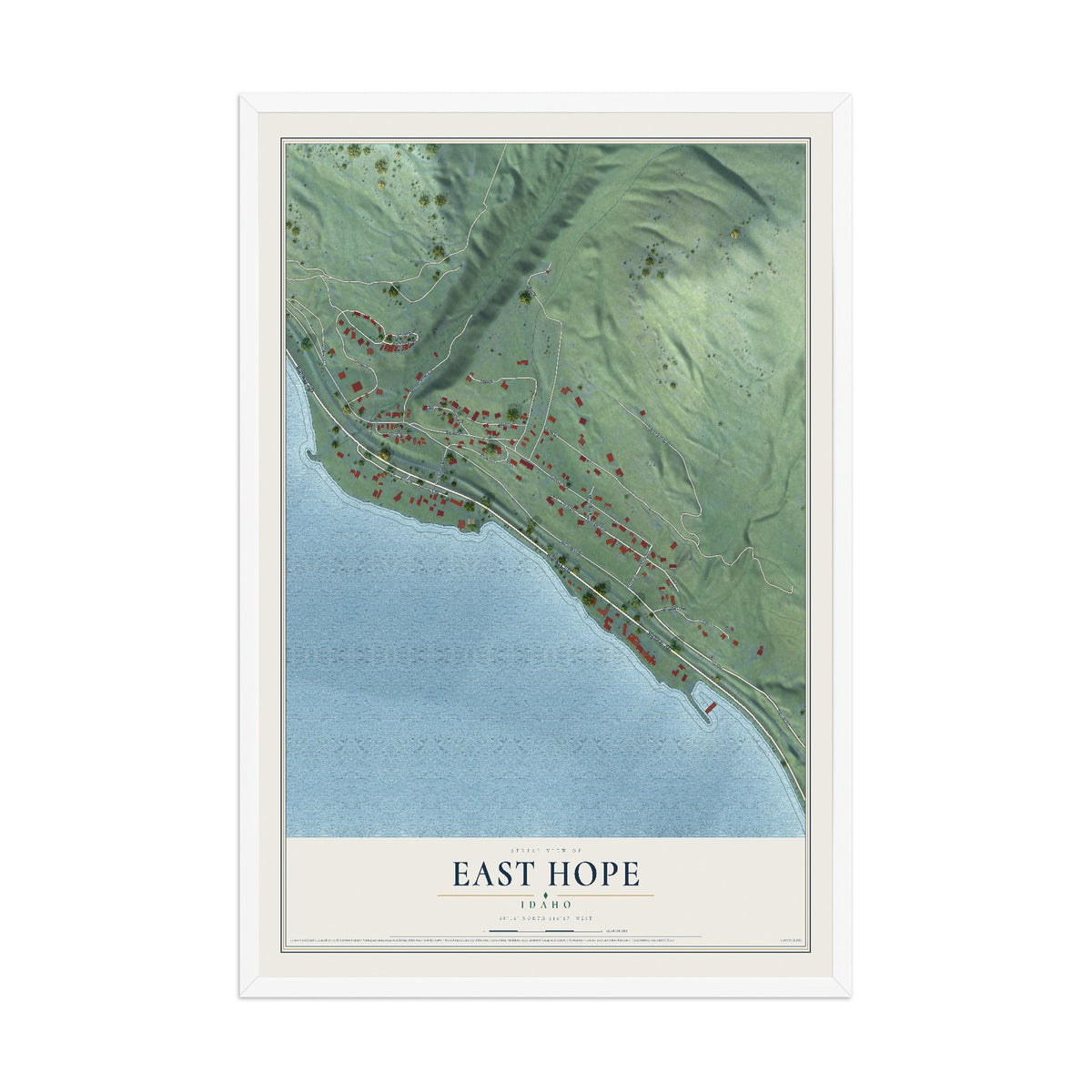 Map of East Hope, Idaho, 12 x 18 inch print in a white wood frame