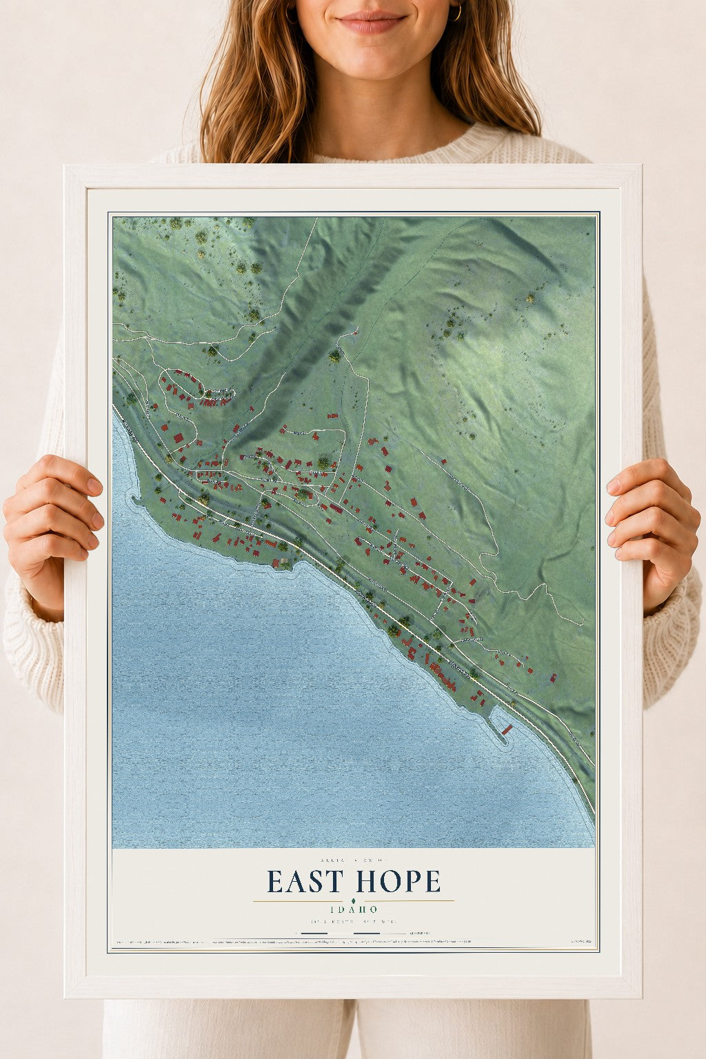 Map of East Hope, Idaho, 18 x 24 inch print in a white wood frame