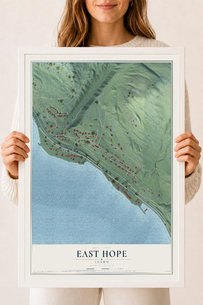 Map of East Hope, Idaho, 18 x 24 inch print in a white wood frame