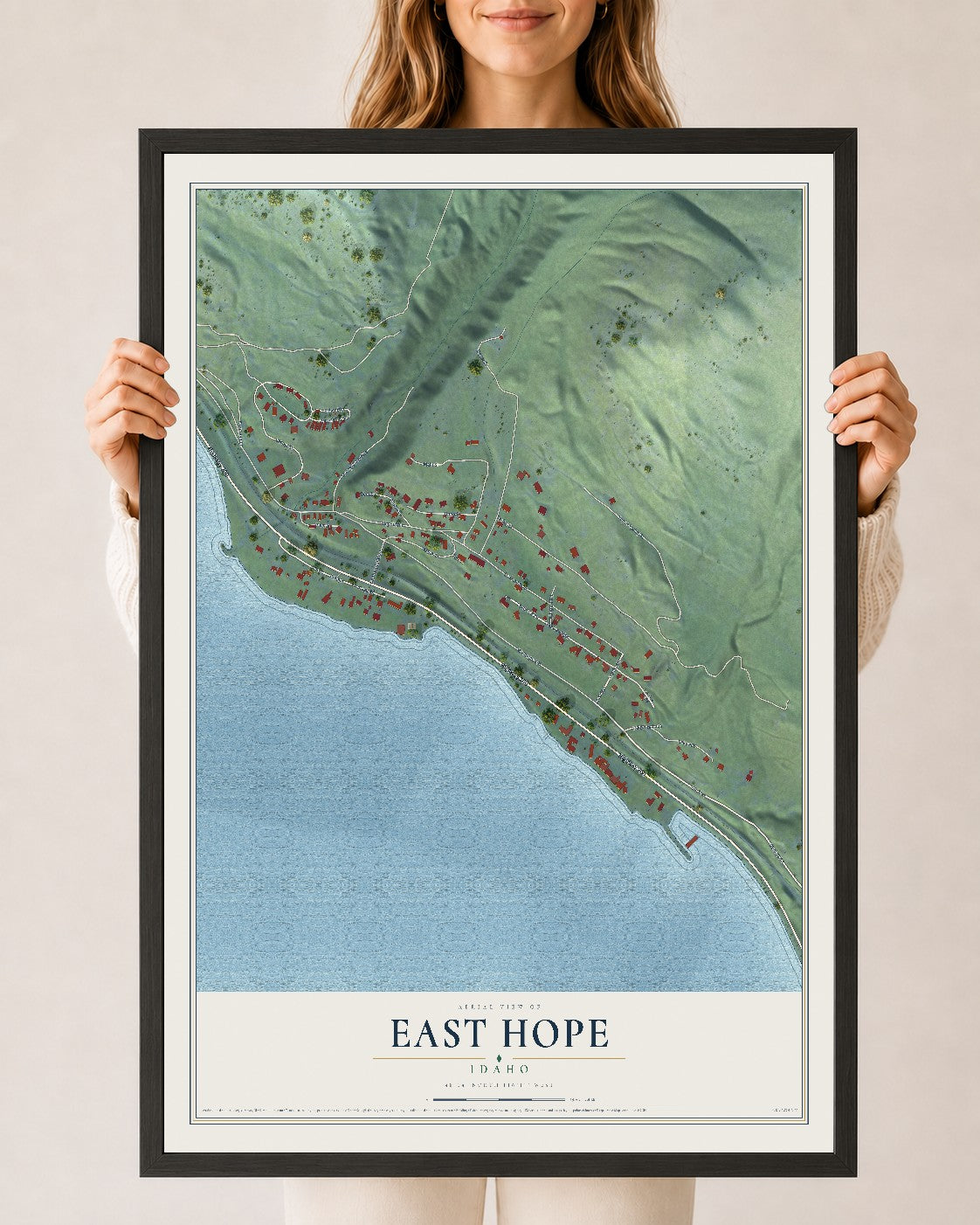 Map of East Hope, Idaho, 24 x 36 inch print in a black wood frame