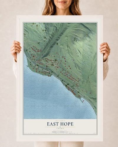 Map of East Hope, Idaho, 24 x 36 inch print in a white wood frame