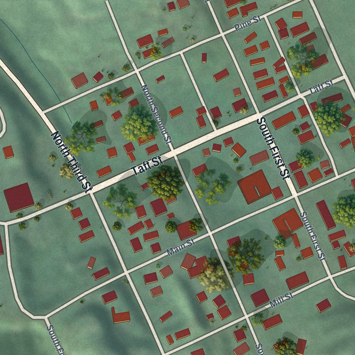 Close-up of the map of Elk River, Idaho print showing street and building detail