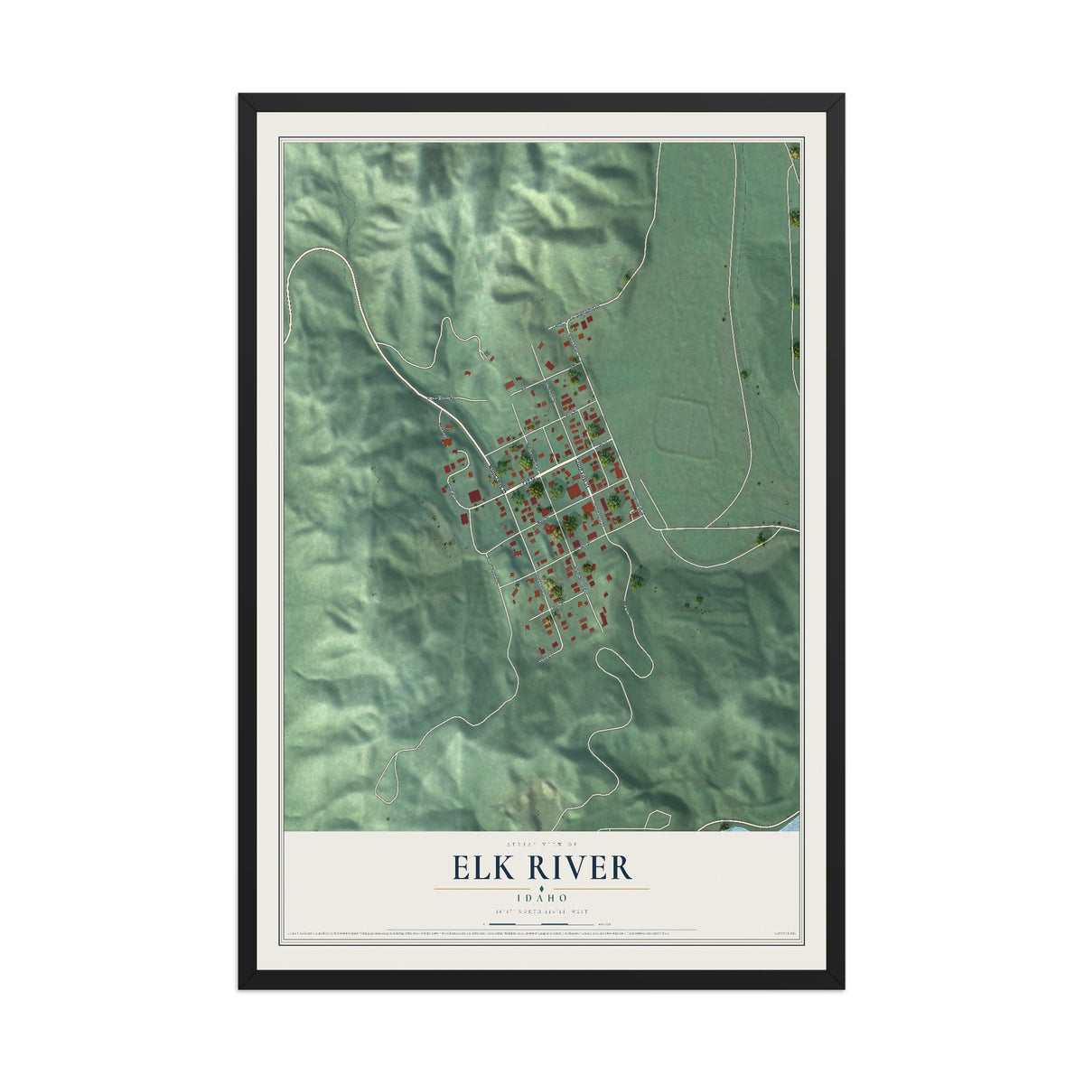 Map of Elk River, Idaho, 12 x 18 inch print in a black wood frame