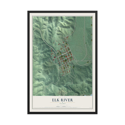 Map of Elk River, Idaho, 12 x 18 inch print in a black wood frame