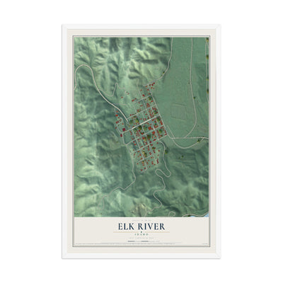 Map of Elk River, Idaho, 12 x 18 inch print in a white wood frame