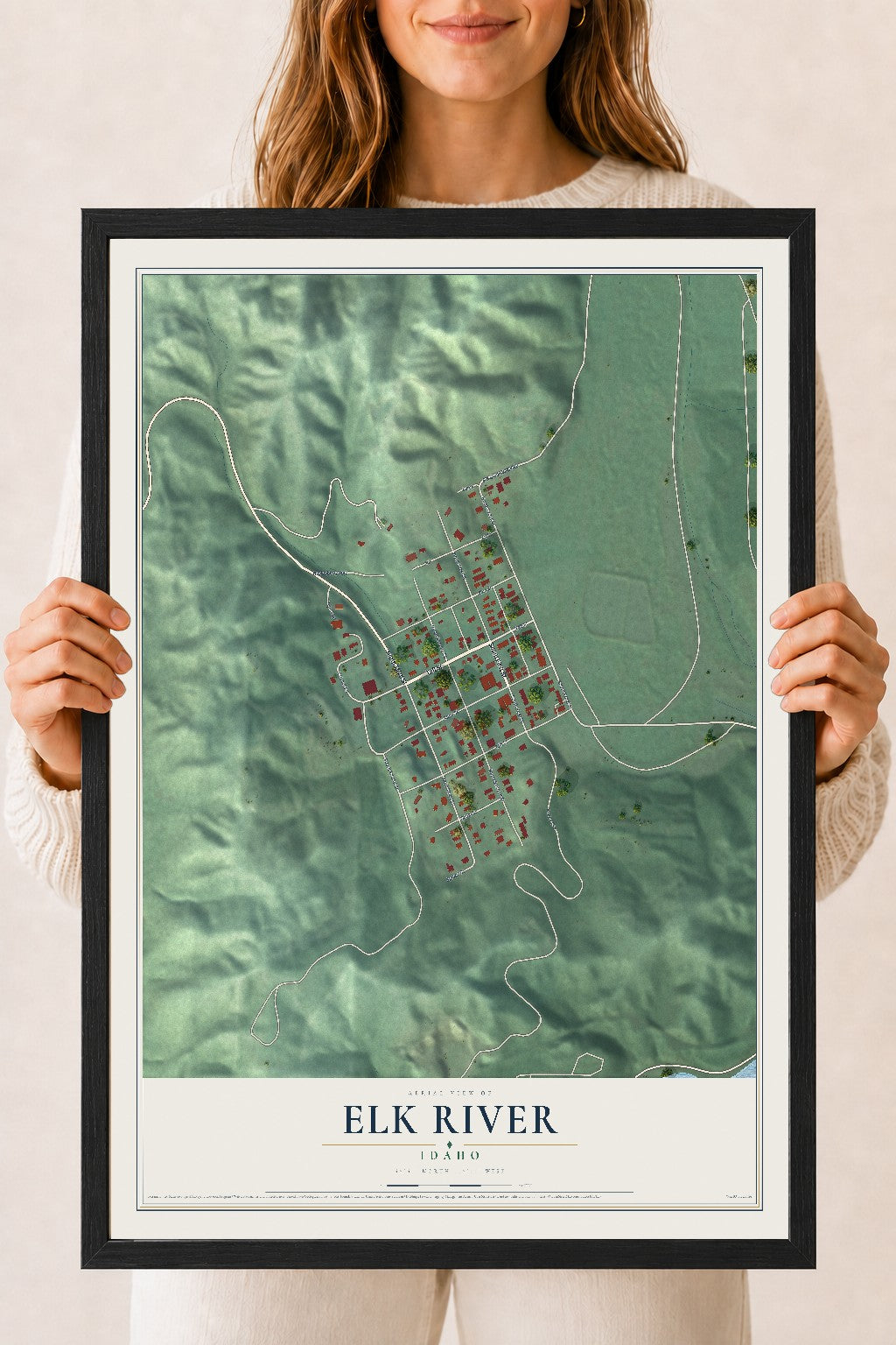 Map of Elk River, Idaho, 18 x 24 inch print in a black wood frame